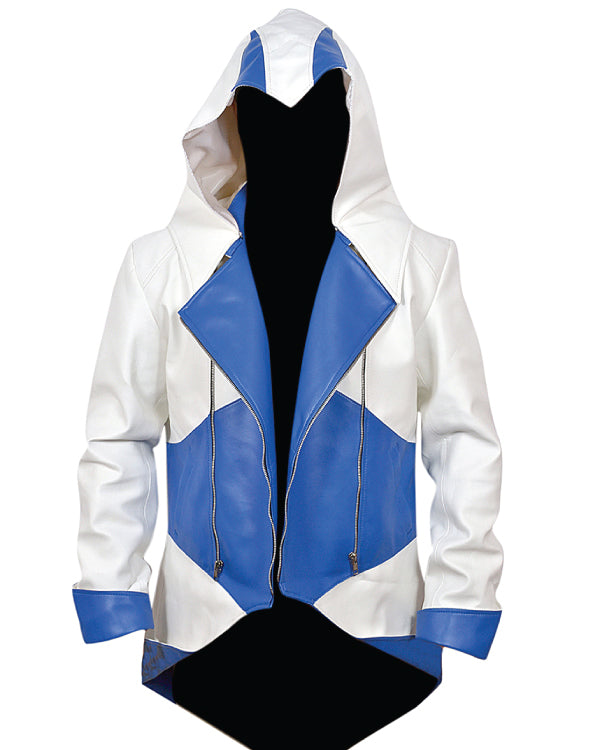 Assassins Creed White and Blue Hooded Leather Coat