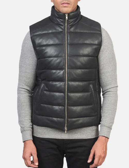 Black Leather Puffer Vest