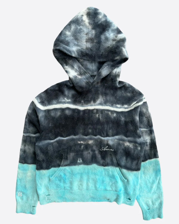 Black & Blue Tie-Dye Cashmere Distressed Hoodie