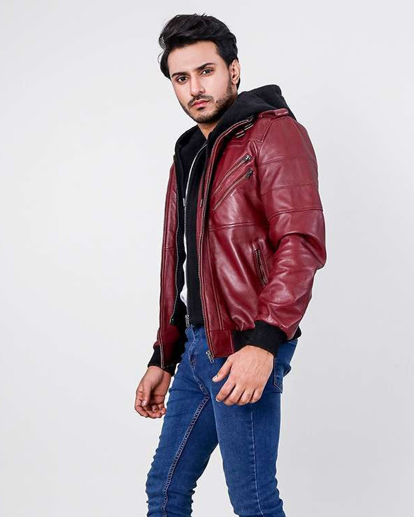 Bouncer Biz Red Hooded Bomber Leather Jacket