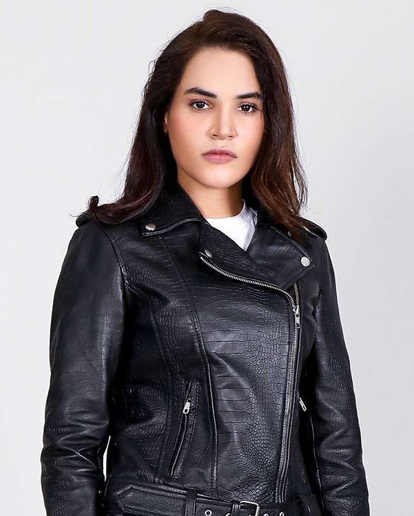 Carolyn Black Crocodile Leather Biker Jacket