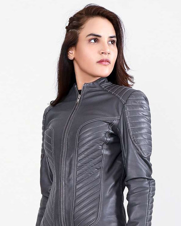 Celeste Quilted Grey Leather Jacket