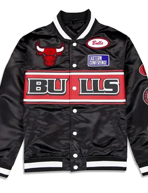 Chicago Bulls Rally Drive 2024 Black Satin Varsity Jacket