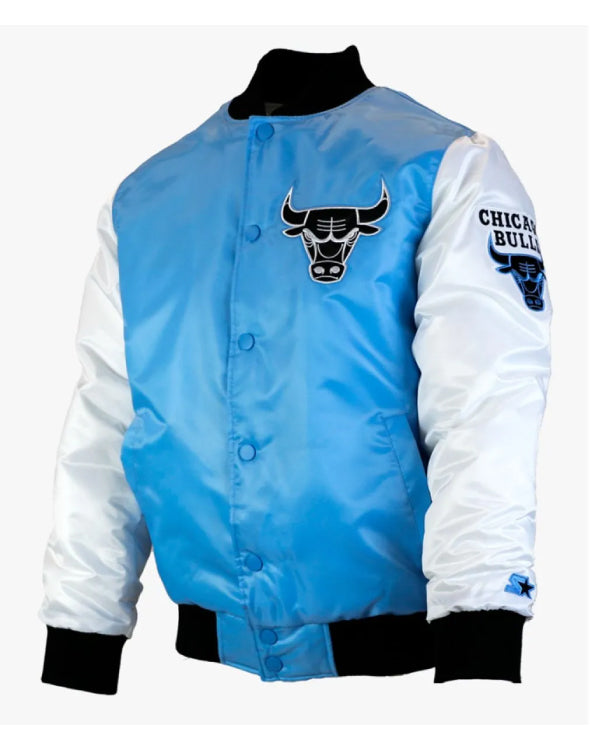 Chicago Bulls Tobacco Road Blue and White Satin Varsity Jacket