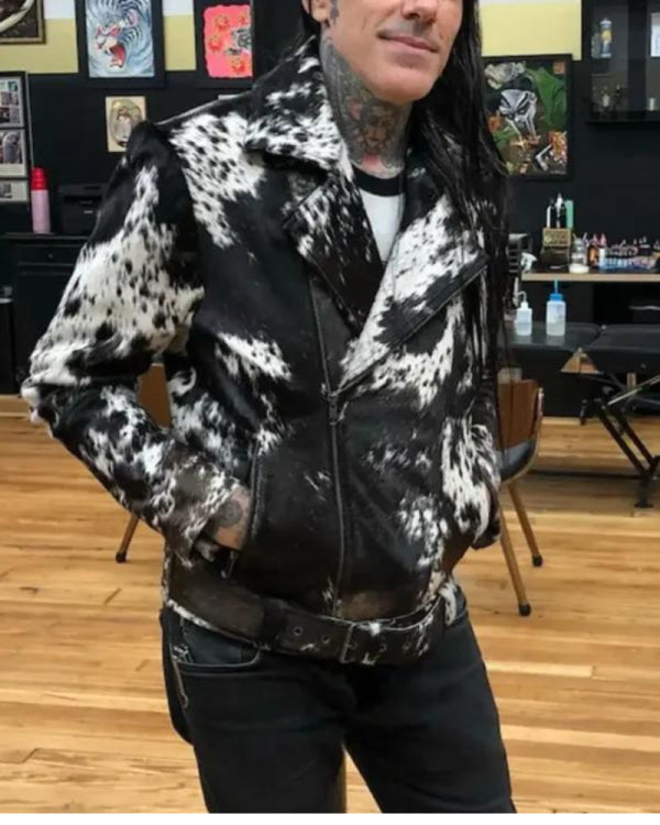 Cowhide Black And White Biker Fur Jacket