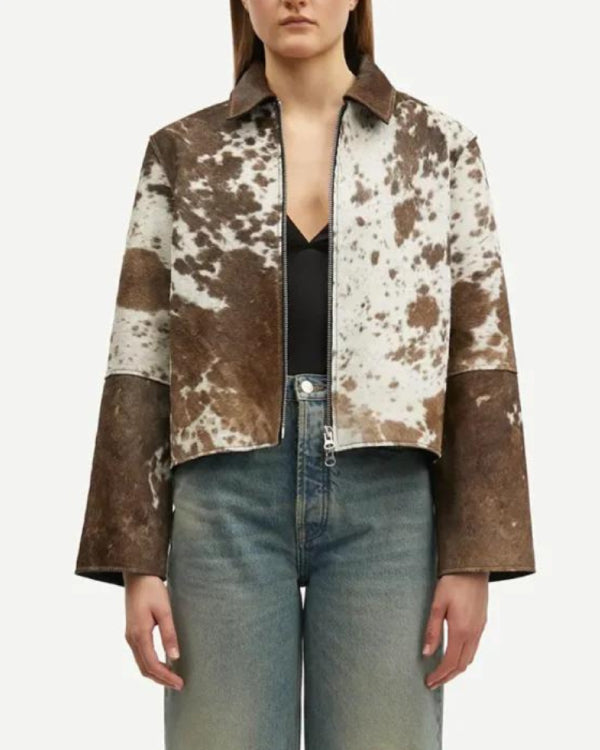 Cowhide Fur Brown And White Leather Jacket