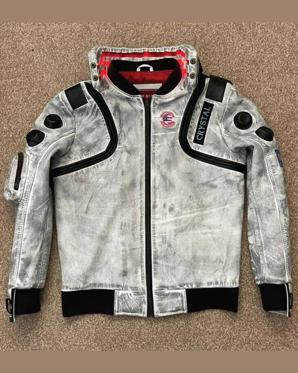 Cyberpunk 2077 LED Collar Wax White Leather Jacket