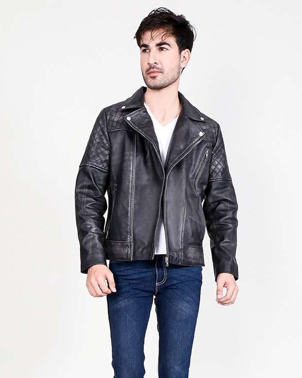 Danny Quilted Distressed Black Leather Biker Jacket