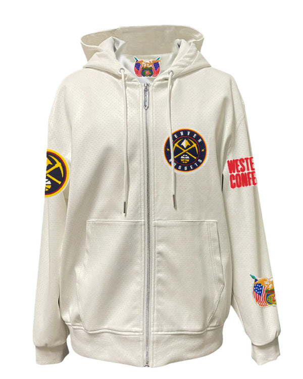 Denver Nuggets Lightweight Vegan White Zip-up Hooded Jacket