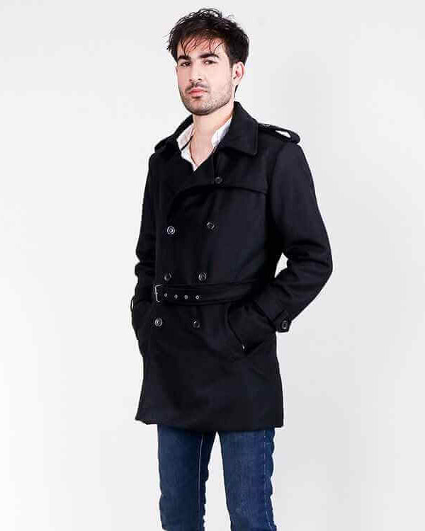 Detective Black Wool Double Breasted Coat