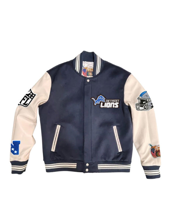 Detroit Lions Navy Wool & Leather Varsity Jacket