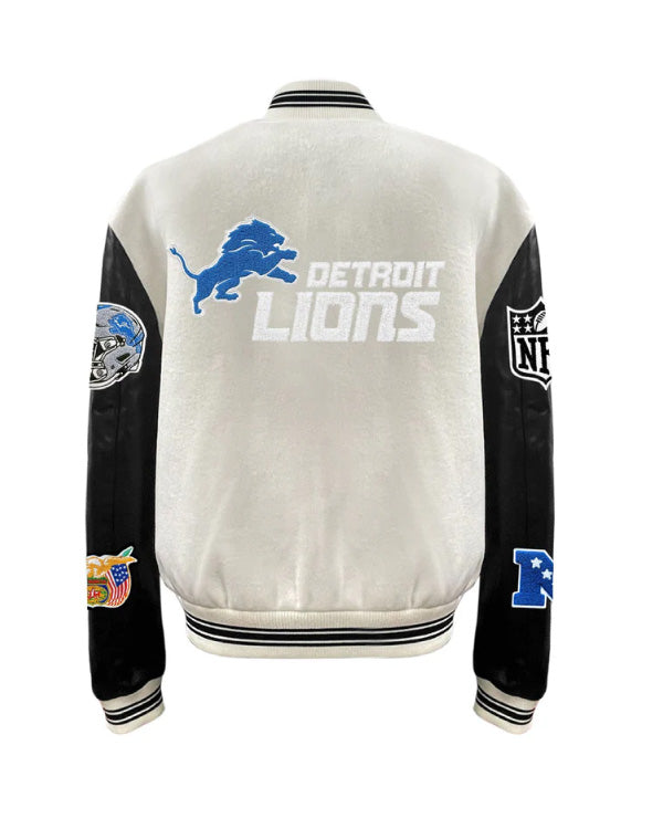 Detroit Lions White/Black Rib Knit Wool & Leather Varsity Jacket