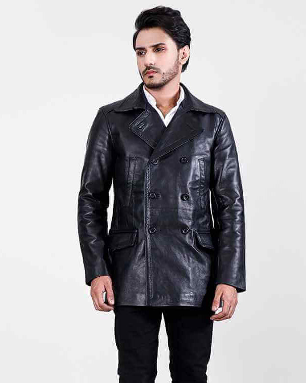 Dolf Black Leather Naval Peacoat