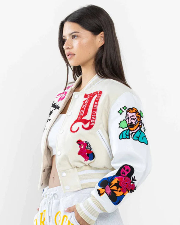 First Row Art Dealer Graphic Cropped Cream Varsity Jacket