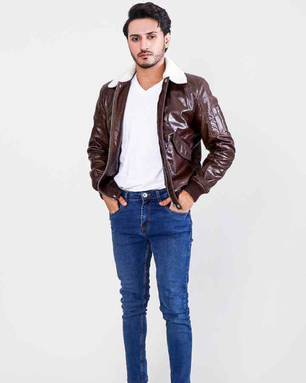 Furton Brown Biker Bomber Leather Jacket