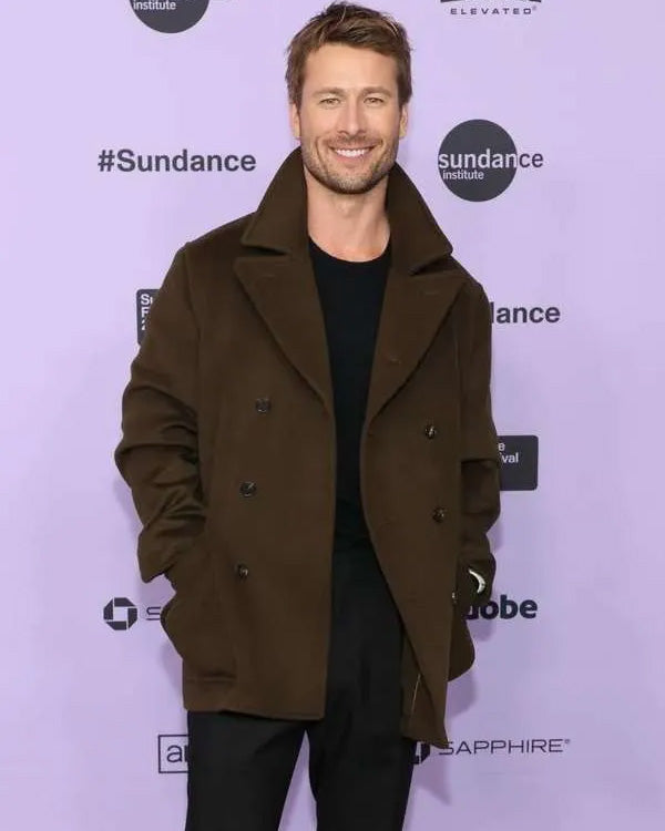 Glen Powell Hit Man 2024 Green Peacoat