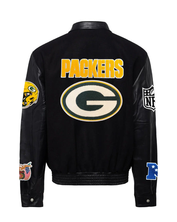 Green Bay Packers Black/black Wool & Leather Varsity Jacket