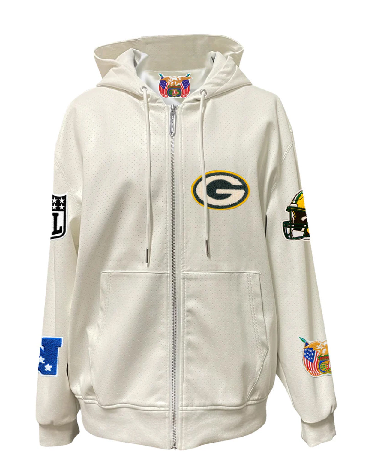 Green Bay Packers Lightweight White Vegan Zip-up Hooded Jacket