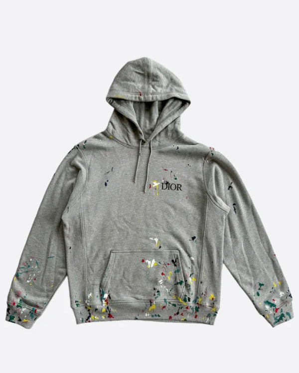 Grey Paint Splatter Embroidered Logo Hoodie