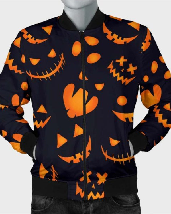 Halloween Pumpkins Pattern Black Cotton Bomber Jacket