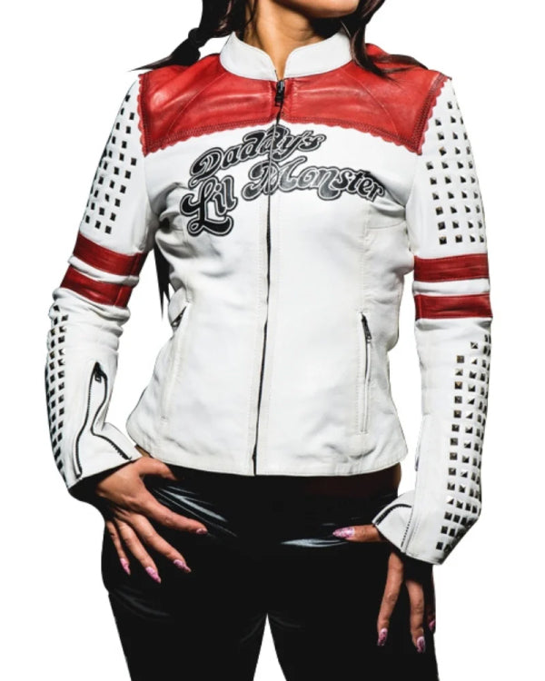 Harley Quinn Daddy’s Lil Monster White Leather Jacket