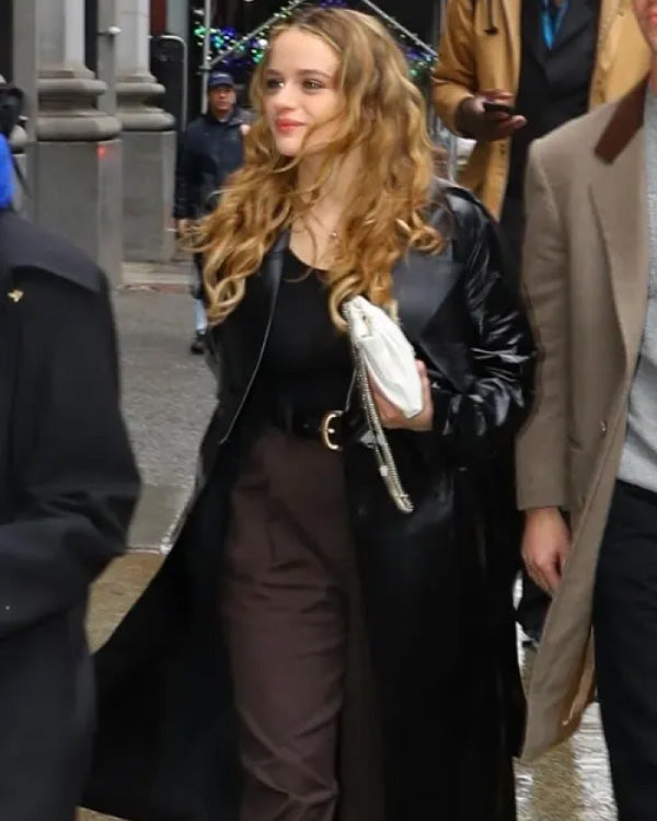 Joey King Black Leather Trench Coat