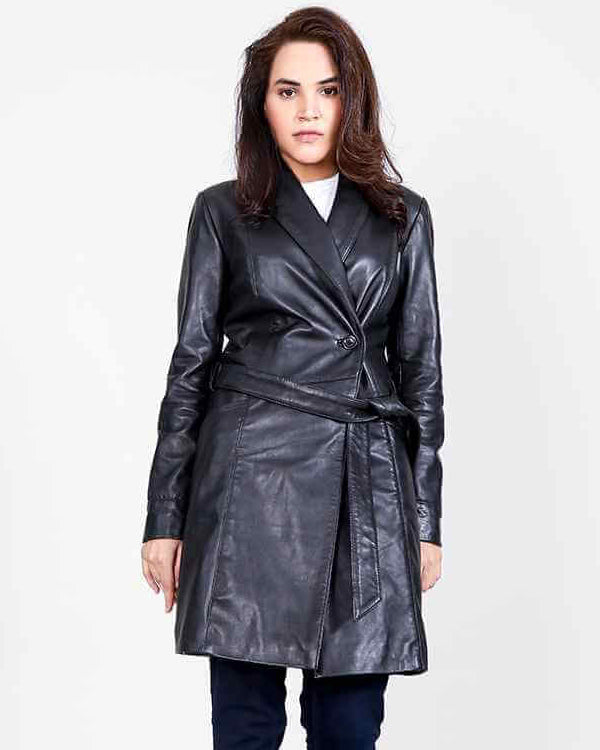 Luxe Black Leather Trench Coat