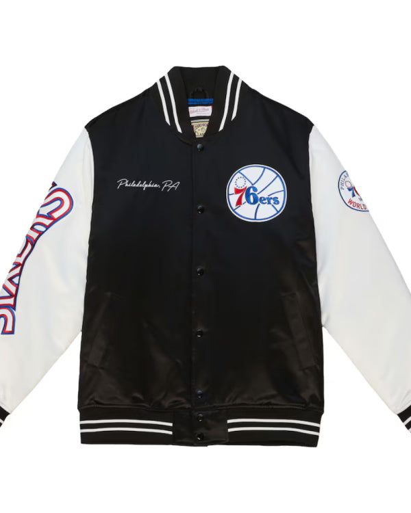 Men’s Philadelphia 76ers Mitchell & Ness Black Team Origins Satin Full-snap Varsity Jacket