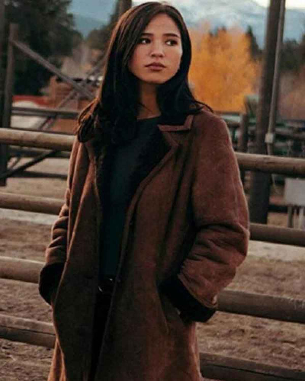 Monica Dutton Yellowstone Kelsey Asbille Brown Suede Leather Fur Coat