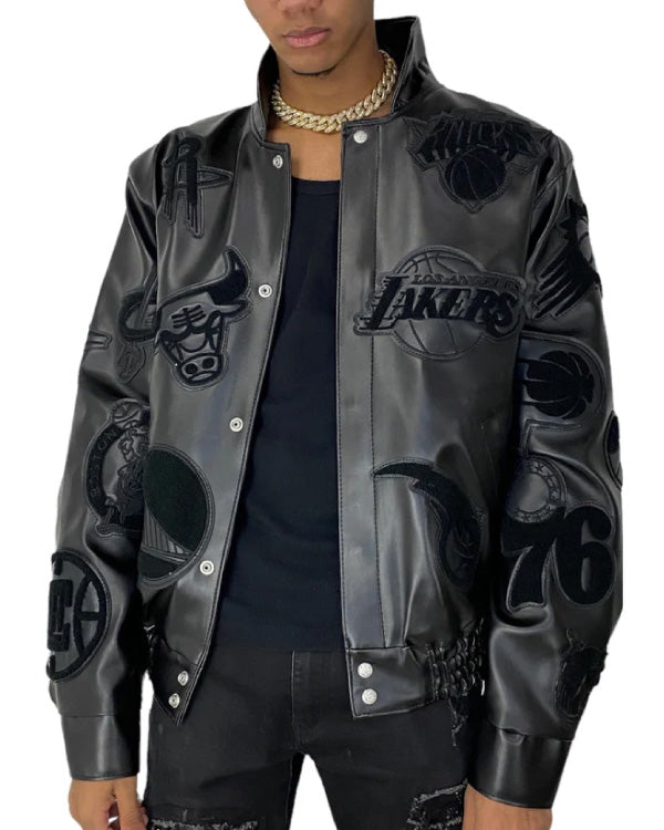 NBA Collage Black On Black Vegan Leather Jacket