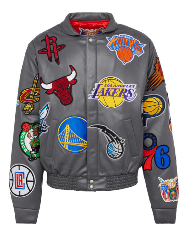 NBA Collage Grey Vegan Leather Jacket