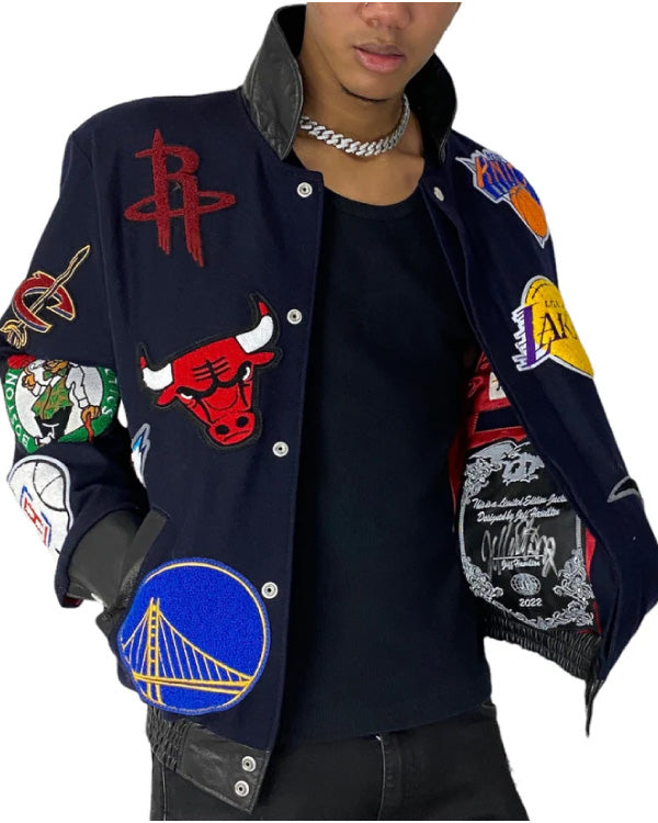 NBA Collage Navy Wool & Leather Jacket