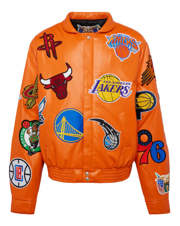 NBA Collage Orange Vegan Leather Jacket