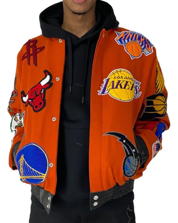 NBA Collage Orange Wool & Leather Jacket