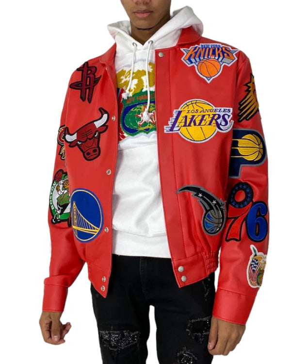 NBA Collage Red Vegan Leather Jacket