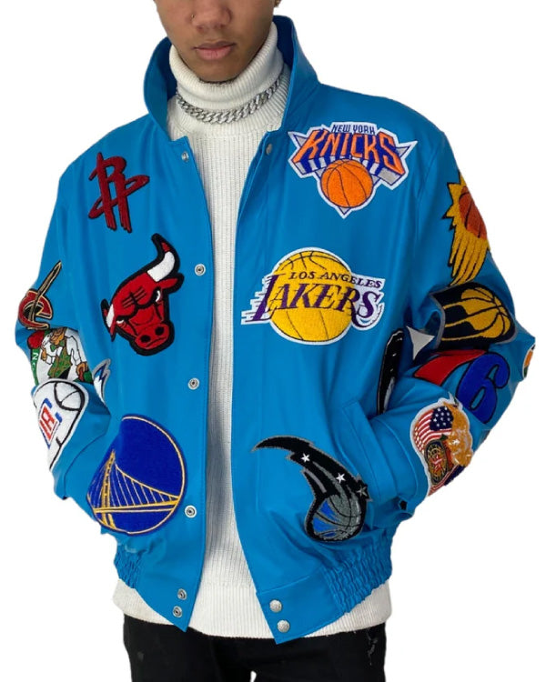 NBA Collage Teal Vegan Leather Jacket