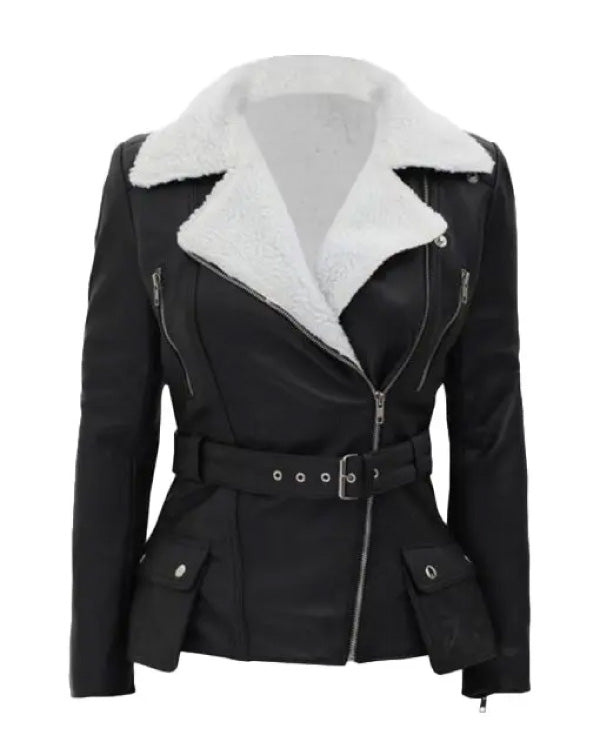 Natalie Shearling Leather Black Belted Biker Jacket