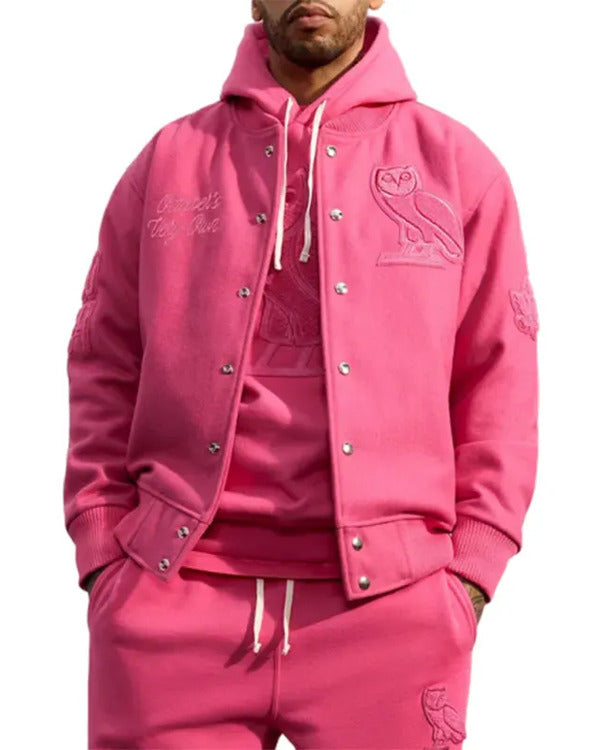 October’s Very Own Pink Hooded Varsity Jacket