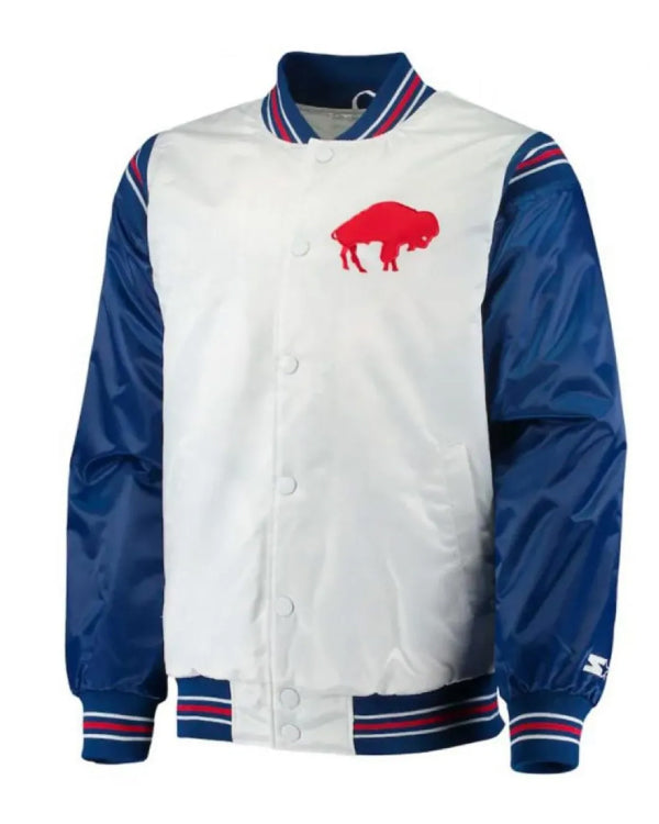 Starter Buffalo Bills Bomber Blue and White Satin Jacket