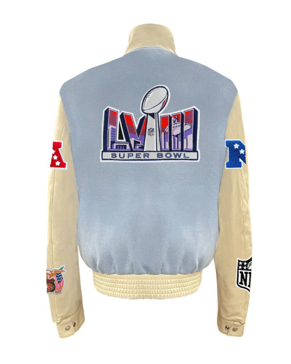 Super Bowl 2024 Baby Blue Wool & Leather Varsity Jacket