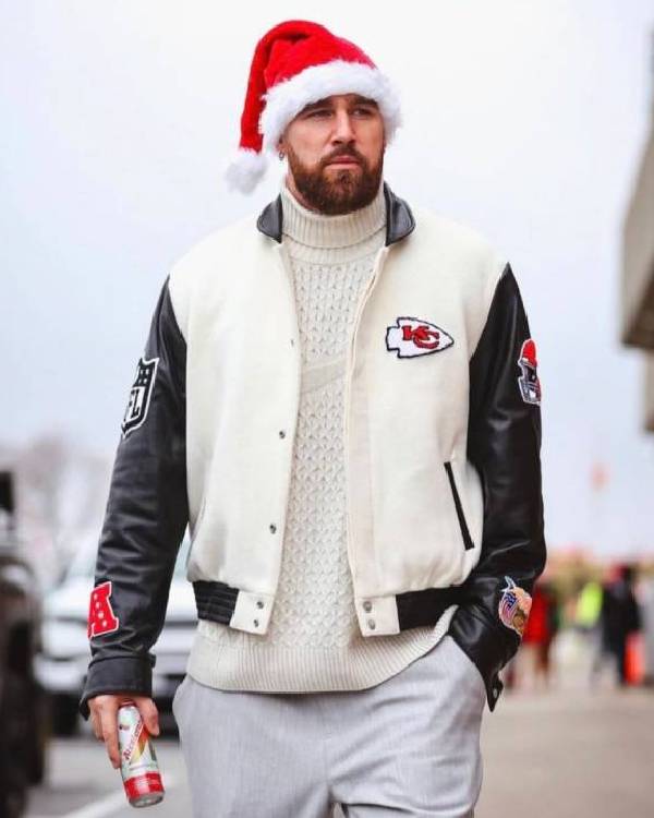 Travis Kelce Chiefs Christmas White Varsity Jacket