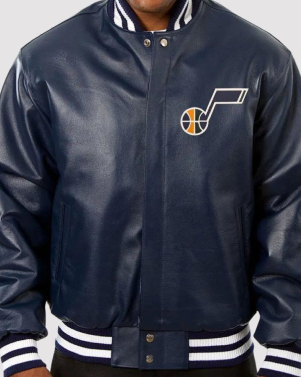 Utah Jazz Navy Blue Leather Varsity Jacket