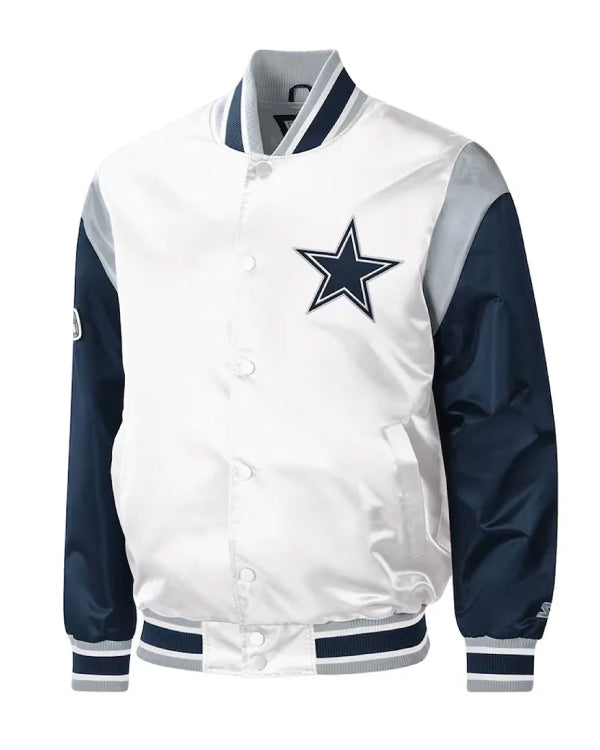 Warm-Up Pitch Dallas Cowboys White and Blue Varsity Satin Jacket