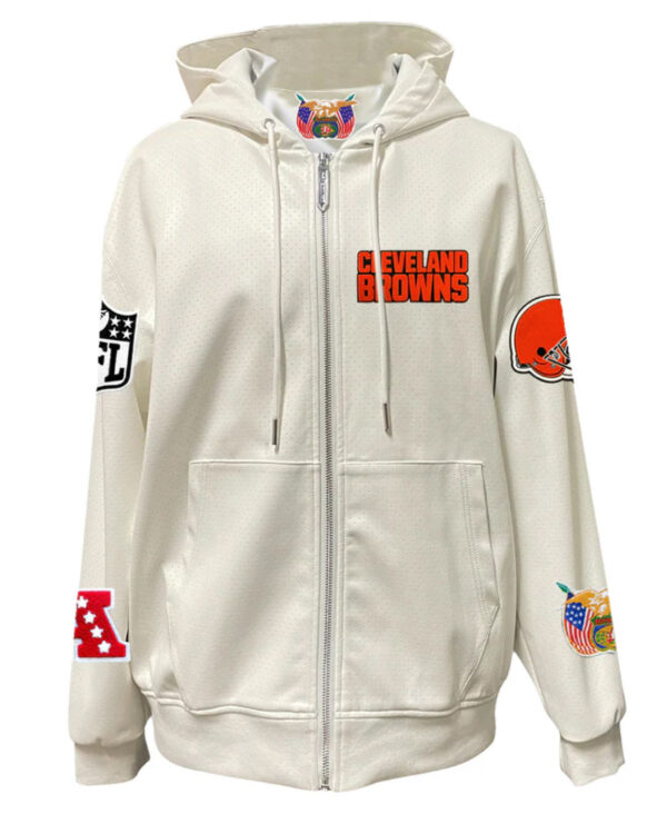 Cleveland Browns Lightweight White Vegan Zip-up Hooded Jacket