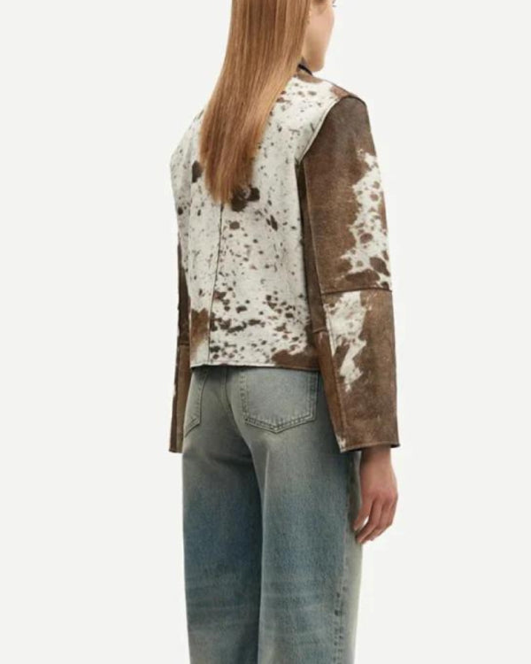 Cowhide Fur Brown And White Leather Jacket