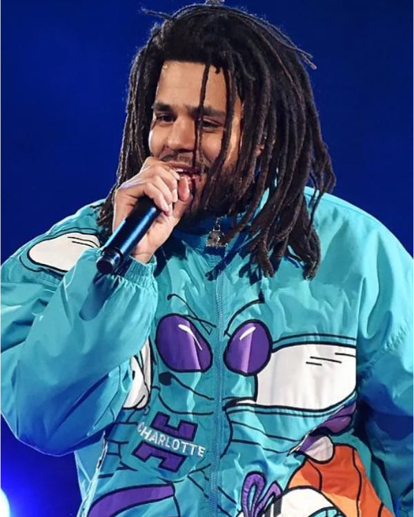 J. Cole 90s Char­lotte Hor­nets Blue Hooded Jack­et