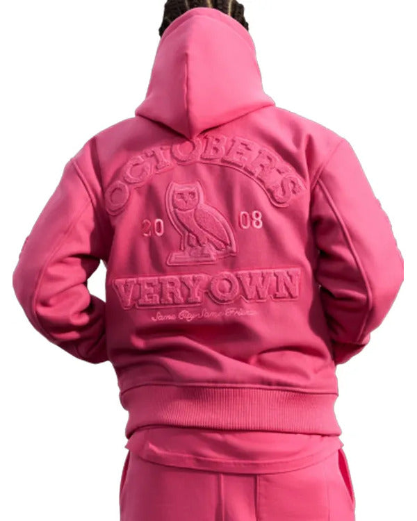 October’s Very Own Pink Hooded Varsity Jacket