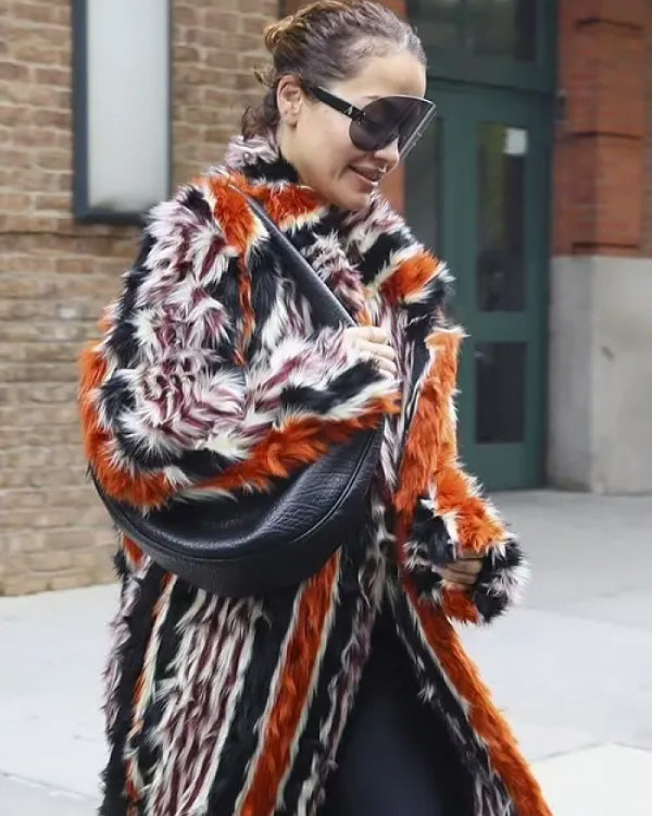 Rita Ora 2024 Met Gala Fur Stripes Orange Long Coat