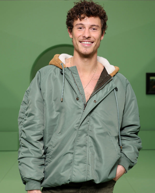 Shawn Mendes the Loewe Show 2024 Green Hooded Bomber Jacket