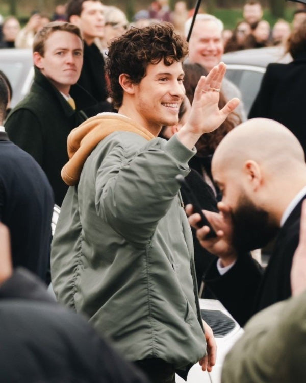 Shawn Mendes the Loewe Show 2024 Green Hooded Bomber Jacket